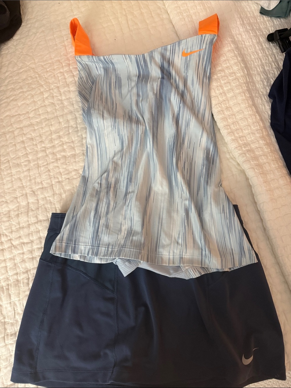 Nike Light Blue Striped Performance Tank L with Orange Straps and Navy Skirt M